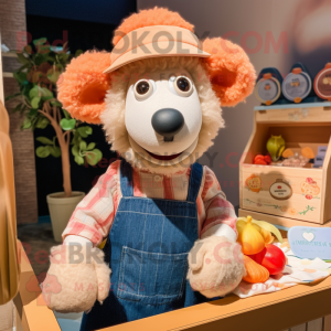 Peach Merino Sheep mascot costume character dressed with a Chambray Shirt and Brooches