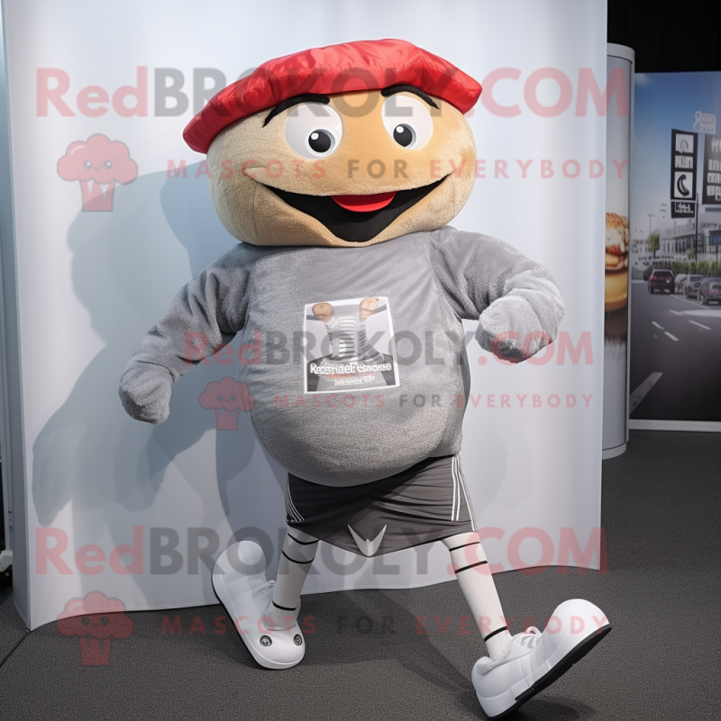 Silver Burgers mascot costume character dressed with a Running Shorts and Berets Silver Burgers mascot costume character dressed with a Running Shorts and Berets