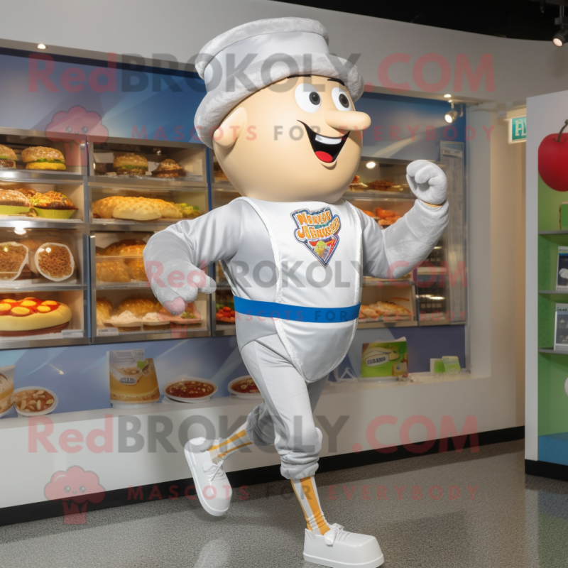 Silver Burgers mascot costume character dressed with a Running Shorts and Berets Silver Burgers mascot costume character dressed with a Running Shorts and Berets
