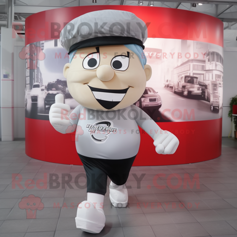 Silver Burgers mascot costume character dressed with a Running Shorts and Berets Silver Burgers mascot costume character dressed with a Running Shorts and Berets