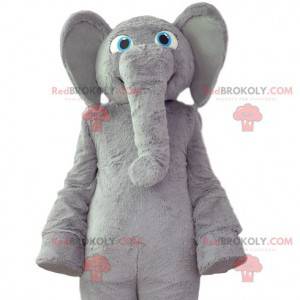 Gray elephant mascot with a soft coat and a big smile -