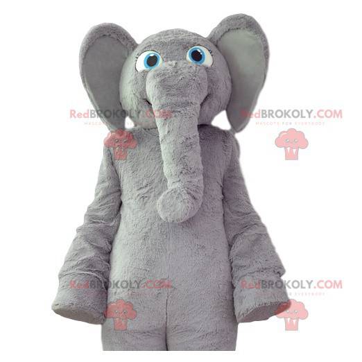Graues Elefantenmaskottchen mit einem weichen Mantel und einem