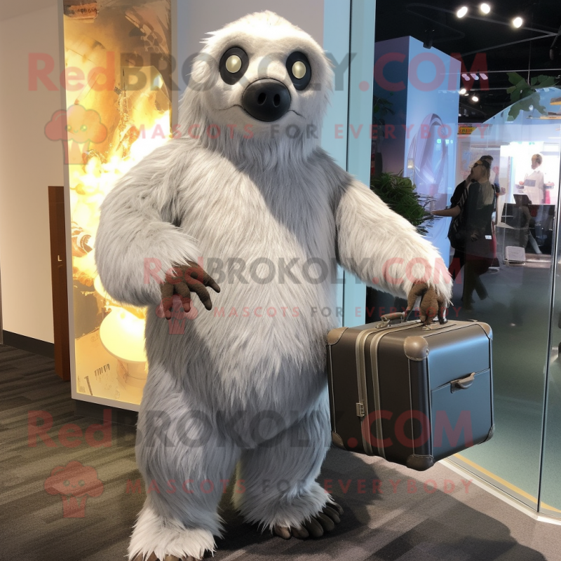 Silver Giant Sloth mascot costume character dressed with a A-Line Skirt and Briefcases