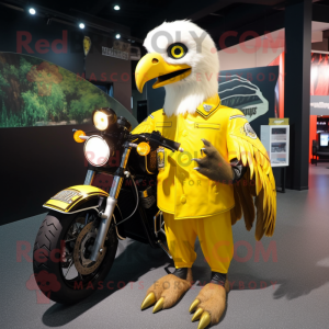 Lemon Yellow Haast'S Eagle mascot costume character dressed with a Moto Jacket and Brooches