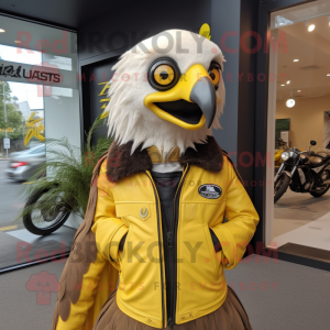 Lemon Yellow Haast'S Eagle mascot costume character dressed with a Moto Jacket and Brooches