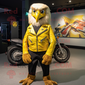 Lemon Yellow Haast'S Eagle mascot costume character dressed with a Moto Jacket and Brooches