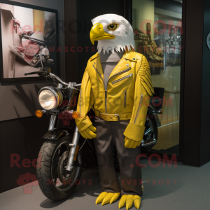 Lemon Yellow Haast'S Eagle mascot costume character dressed with a Moto Jacket and Brooches