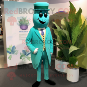Teal Beanstalk mascot costume character dressed with a Suit Pants and Pocket squares