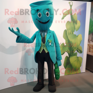 Teal Beanstalk mascot costume character dressed with a Suit Pants and Pocket squares