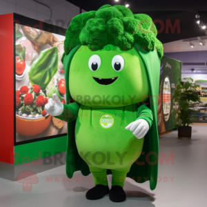 Green Broccoli mascot costume character dressed with a Hoodie and Brooches