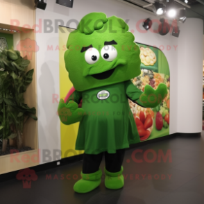 Green Broccoli mascot costume character dressed with a Hoodie and Brooches