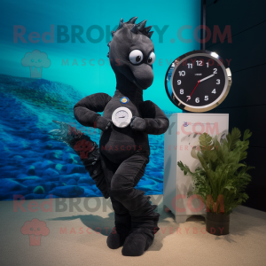 Black Sea Horse mascot costume character dressed with a One-Piece Swimsuit and Digital watches