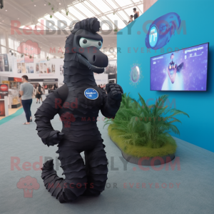 Black Sea Horse mascot costume character dressed with a One-Piece Swimsuit and Digital watches