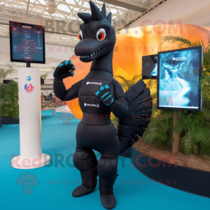 Black Sea Horse mascot costume character dressed with a One-Piece Swimsuit and Digital watches