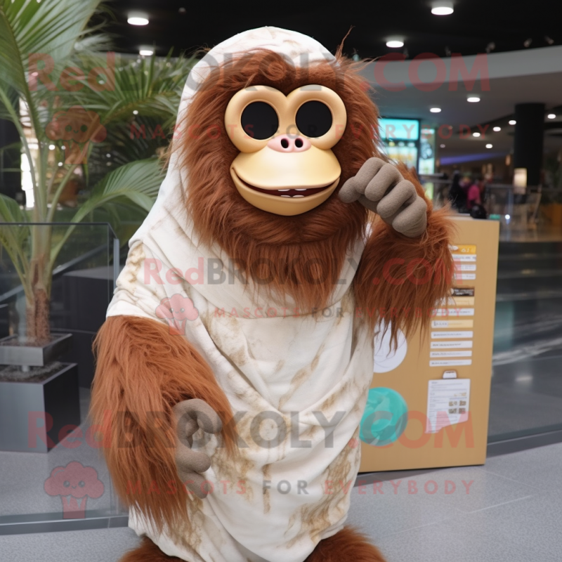 Cream Orangutan mascot costume character dressed with a Wrap Dress and Eyeglasses Cream Orangutan mascot costume character dressed with a Wrap Dress and Eyeglasses