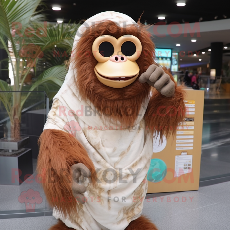 Cream Orangutan mascot costume character dressed with a Wrap Dress and Eyeglasses