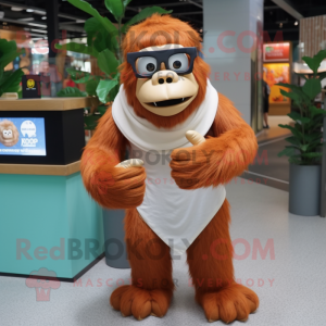 Cream Orangutan mascot costume character dressed with a Wrap Dress and Eyeglasses