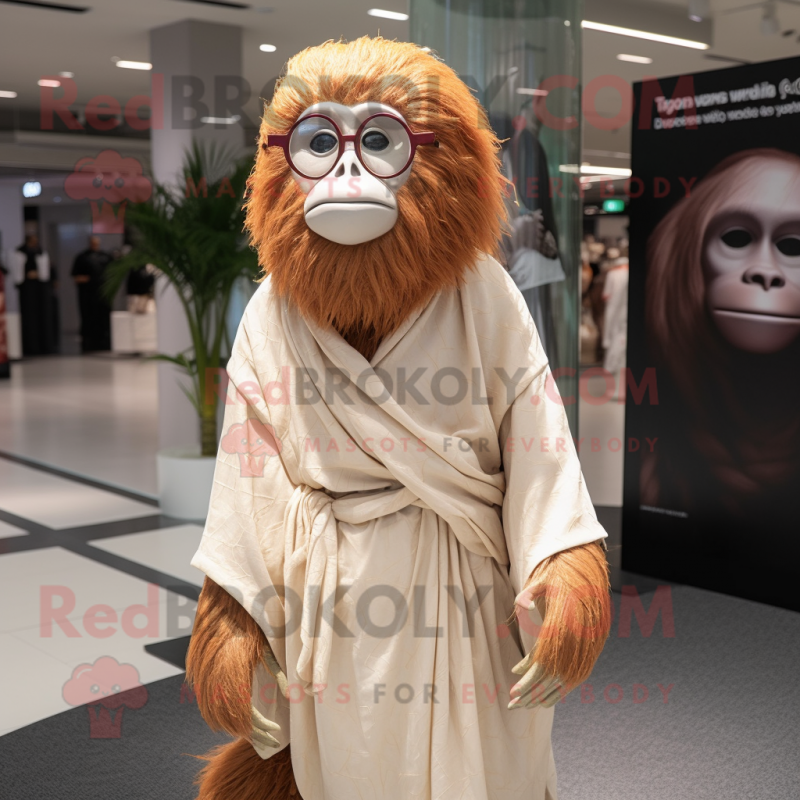 Cream Orangutan mascot costume character dressed with a Wrap Dress and Eyeglasses