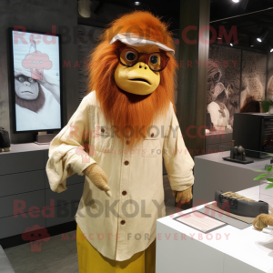 Cream Orangutan mascot costume character dressed with a Wrap Dress and Eyeglasses