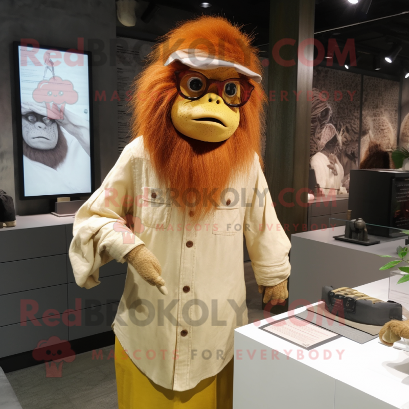Cream Orangutan mascot costume character dressed with a Wrap Dress and Eyeglasses Cream Orangutan mascot costume character dressed with a Wrap Dress and Eyeglasses