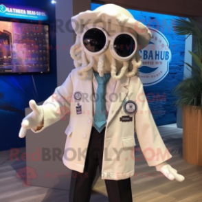 White Fried Calamari mascot costume character dressed with a Jacket and Tie pins