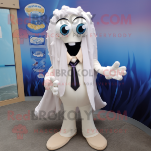 White Fried Calamari mascot costume character dressed with a Jacket and Tie pins