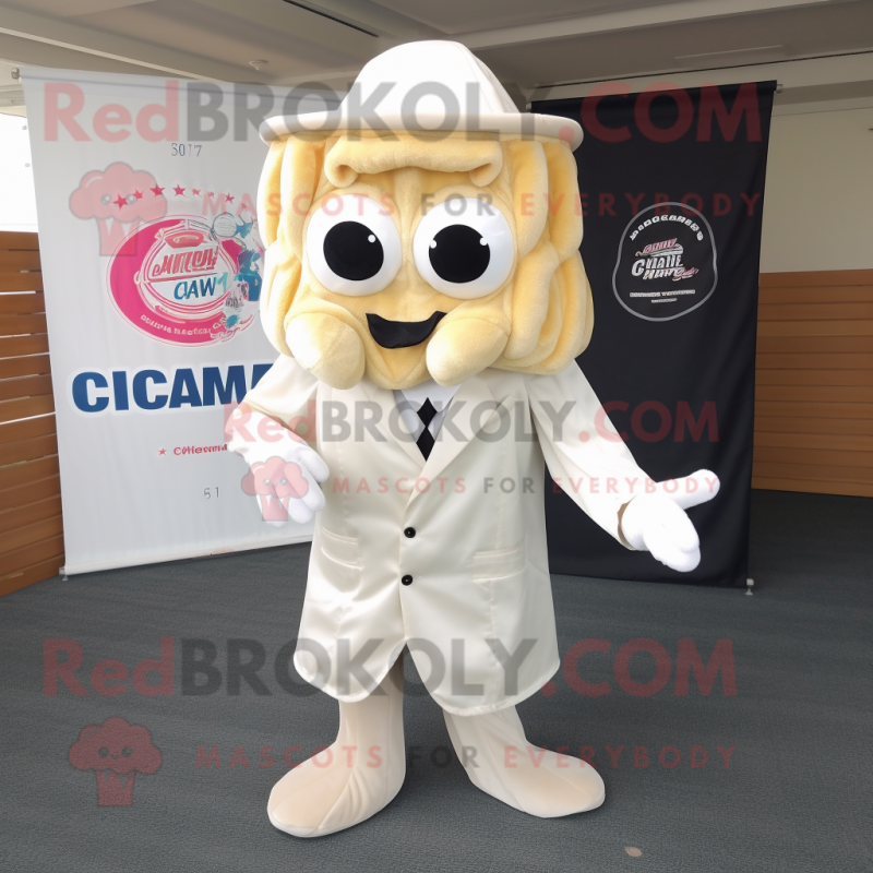 White Fried Calamari mascot costume character dressed with a Jacket and Tie pins