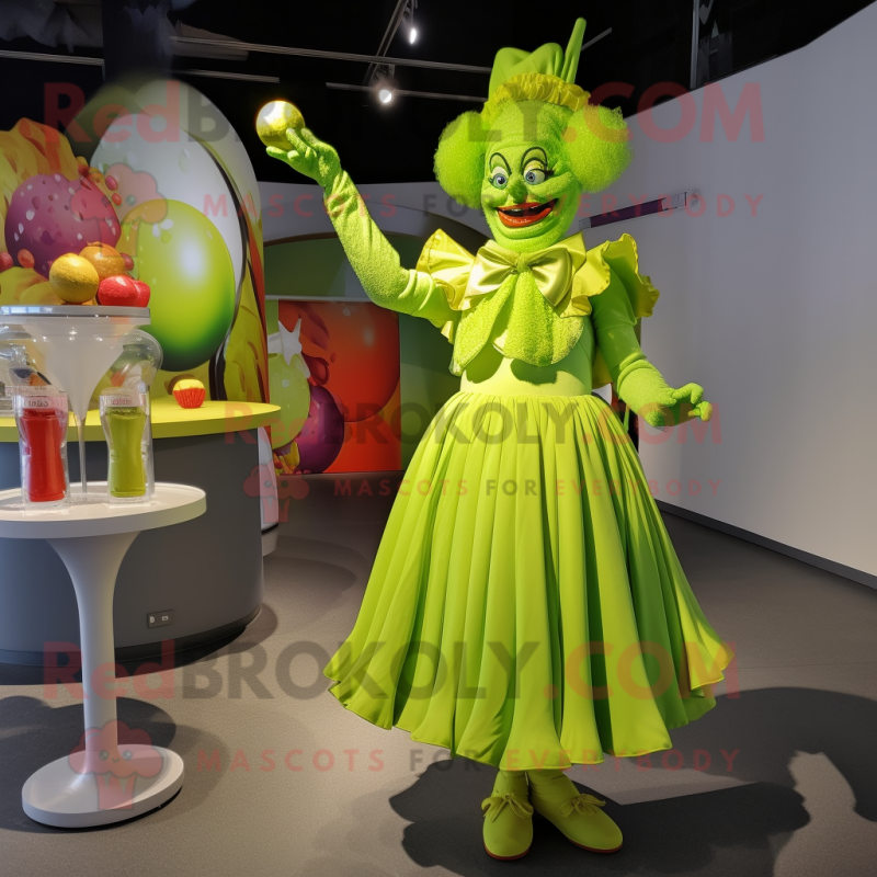 Lime Green Clown mascot costume character dressed with a Cocktail Dress and Cummerbunds Lime Green Clown mascot costume character dressed with a Cocktail Dress and Cummerbunds