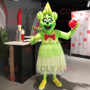 Lime Green Clown mascot costume character dressed with a Cocktail Dress and Cummerbunds