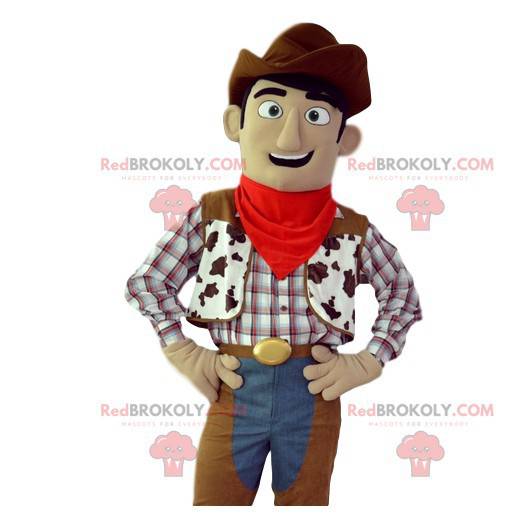 Cowboy-Maskottchen mit braunem Hut und typischer Jacke -
