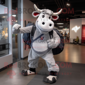 Gray Hereford Cow mascot costume character dressed with a Long Sleeve Tee and Messenger bags