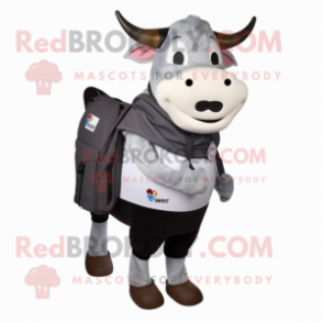 Gray Hereford Cow mascot costume character dressed with a Long Sleeve Tee and Messenger bags