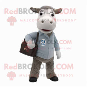 Gray Hereford Cow mascot costume character dressed with a Long Sleeve Tee and Messenger bags