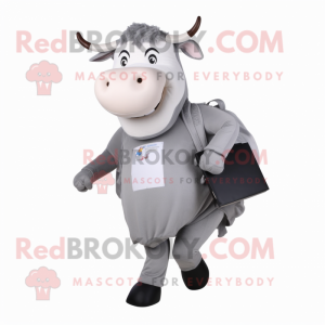 Gray Hereford Cow mascot costume character dressed with a Long Sleeve Tee and Messenger bags