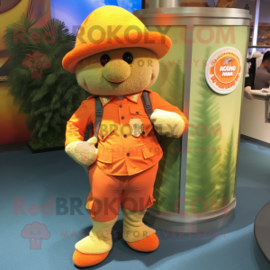 Orange Mango mascot costume character dressed with a Cargo Shorts and Berets