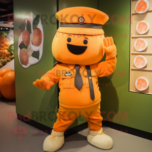 Orange Mango mascot costume character dressed with a Cargo Shorts and Berets