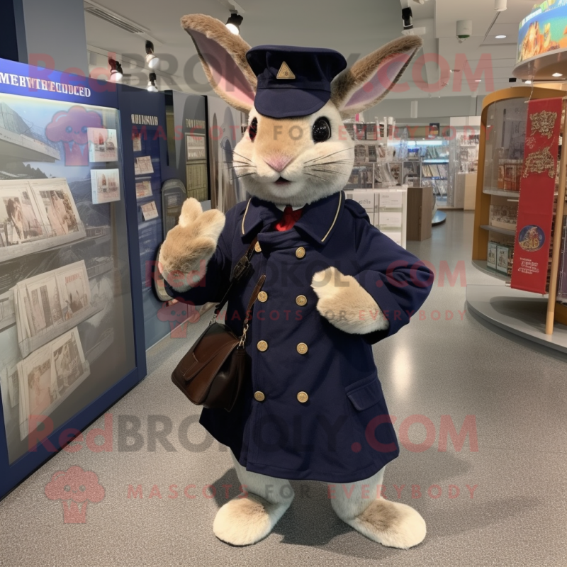 Navy Wild Rabbit mascot costume character dressed with a Coat and Wallets Navy Wild Rabbit mascot costume character dressed with a Coat and Wallets