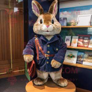 Navy Wild Rabbit mascot costume character dressed with a Coat and Wallets