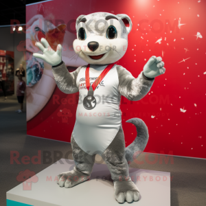 Silver Weasel mascot costume character dressed with a Rash Guard and Bracelets
