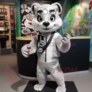 Silver Weasel mascot costume character dressed with a Rash Guard and Bracelets