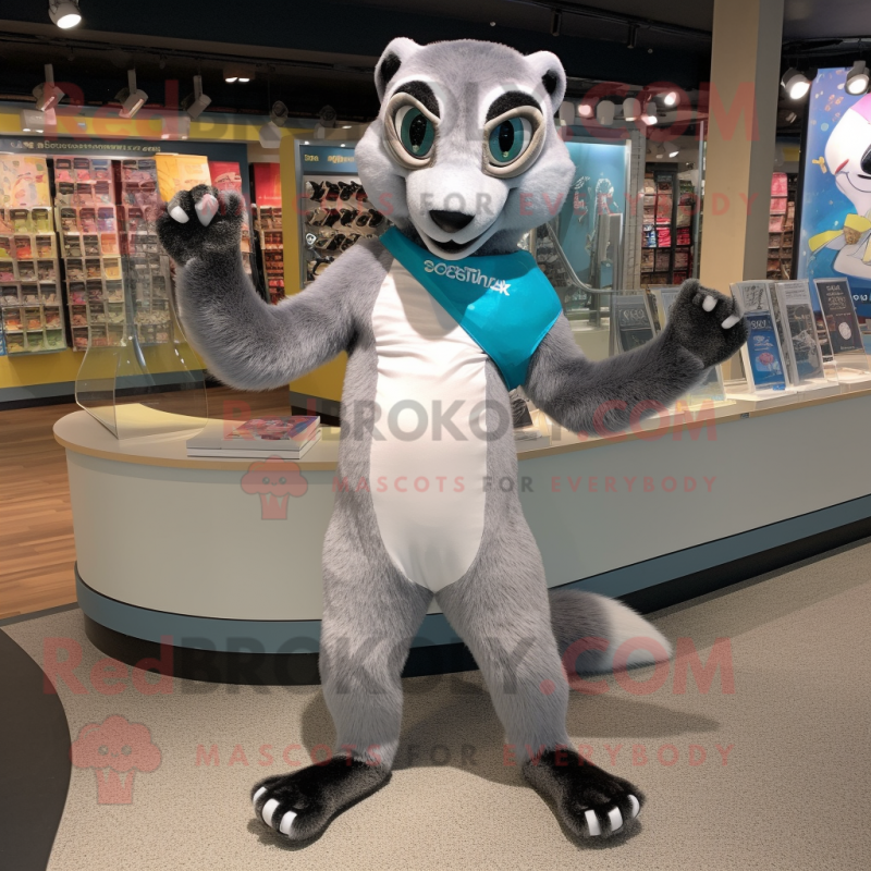 Silver Weasel mascot costume character dressed with a Rash Guard and Bracelets