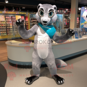 Silver Weasel mascot costume character dressed with a Rash Guard and Bracelets