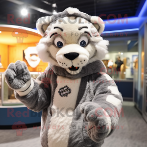 Gray Saber-Toothed Tiger mascot costume character dressed with a Cardigan and Caps