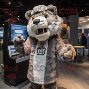 Gray Saber-Toothed Tiger mascot costume character dressed with a Cardigan and Caps