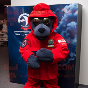 Red Navy Seal mascot costume character dressed with a Sweatshirt and Pocket squares