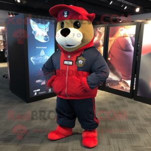 Red Navy Seal mascot costume character dressed with a Sweatshirt and Pocket squares