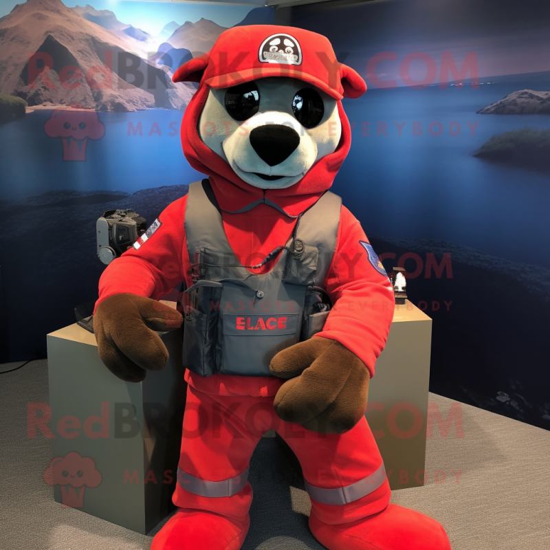 Red Navy Seal mascot costume character dressed with a Sweatshirt and Pocket squares