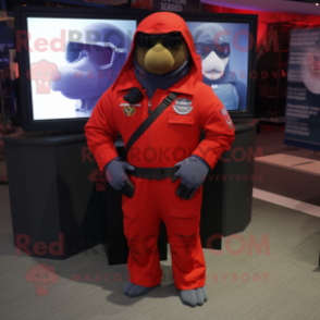 Red Navy Seal mascot costume character dressed with a Sweatshirt and Pocket squares