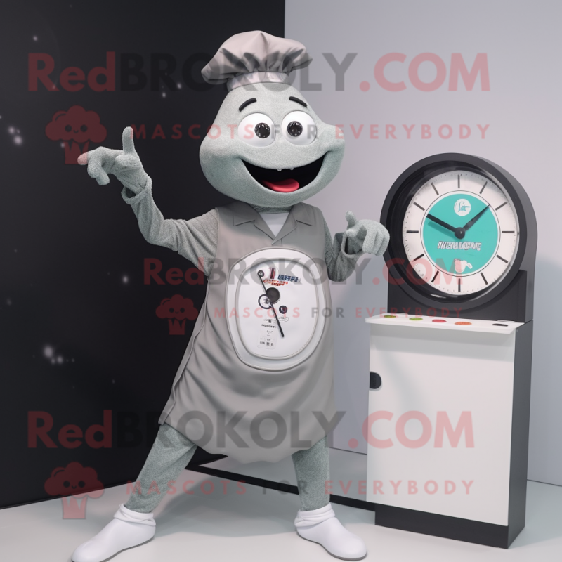 Gray Pizza mascot costume character dressed with a Pleated Skirt and Digital watches