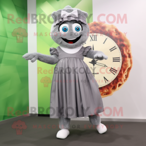 Gray Pizza mascot costume character dressed with a Pleated Skirt and Digital watches